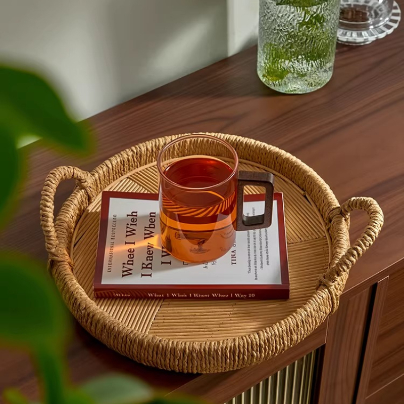 Rattan Tray Handle - Handwoven Rattan Tray with Handles, Round
