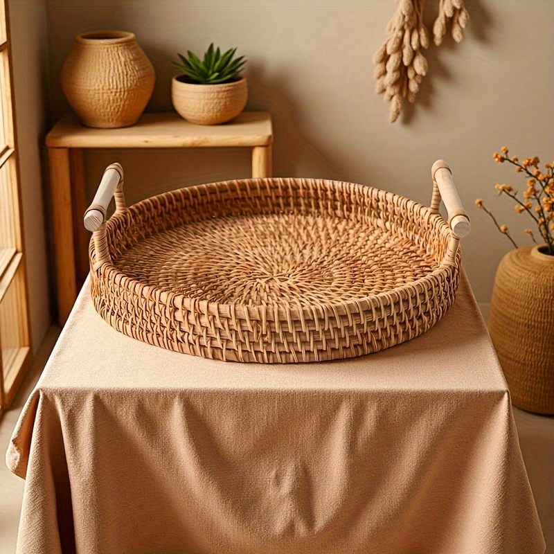 Handmade Rattan Round Tray wit - Rattan Tray Handle recension och pris