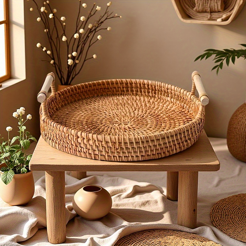 Handmade Rattan Round Tray wit - Rattan Tray Handle recension och pris